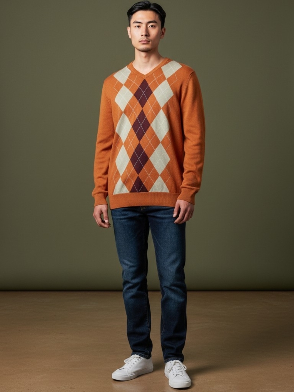 NWT Argyle Pattern V- Neck Sweater In Orange, Burgundy & Cream Mens Size Lg